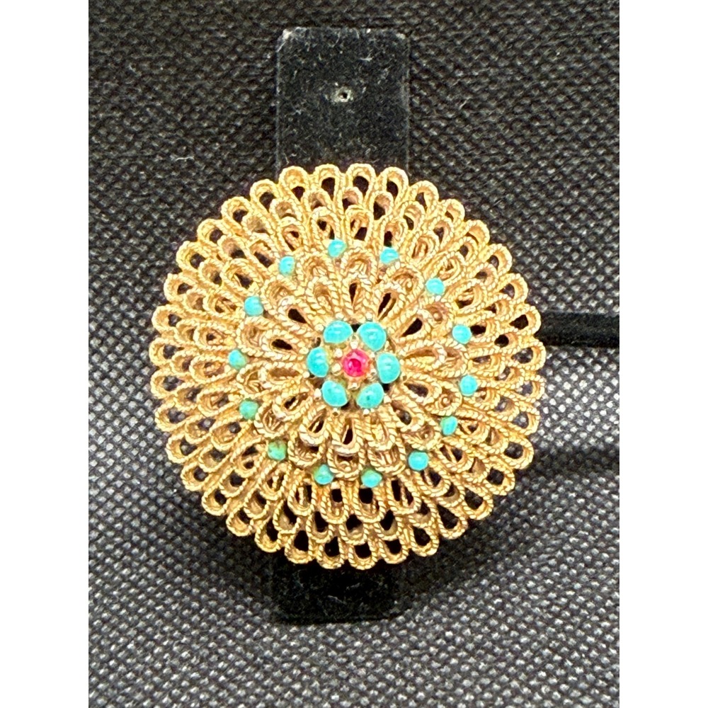 Capri Vintage Gold Tone Turquoise Red Bead Sunburst Filigree Brooch Pin